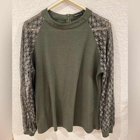 MILHOLL ladies size XL casual, long, sleeved, waffle knit top with lace sleeves - Picture 1 of 8